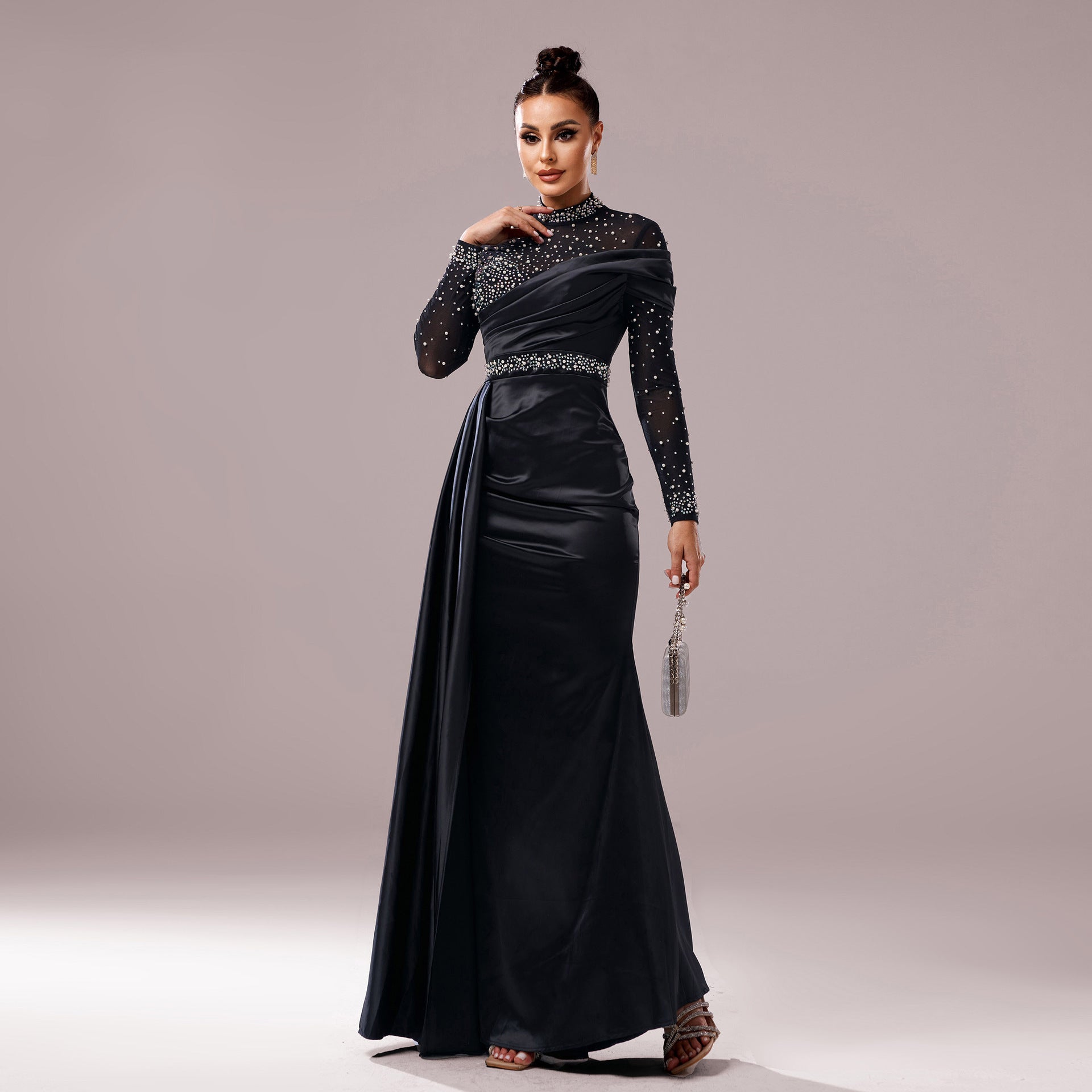 Black Long Sleeve Fishtail Evening Dress with Sequins and Pearls
