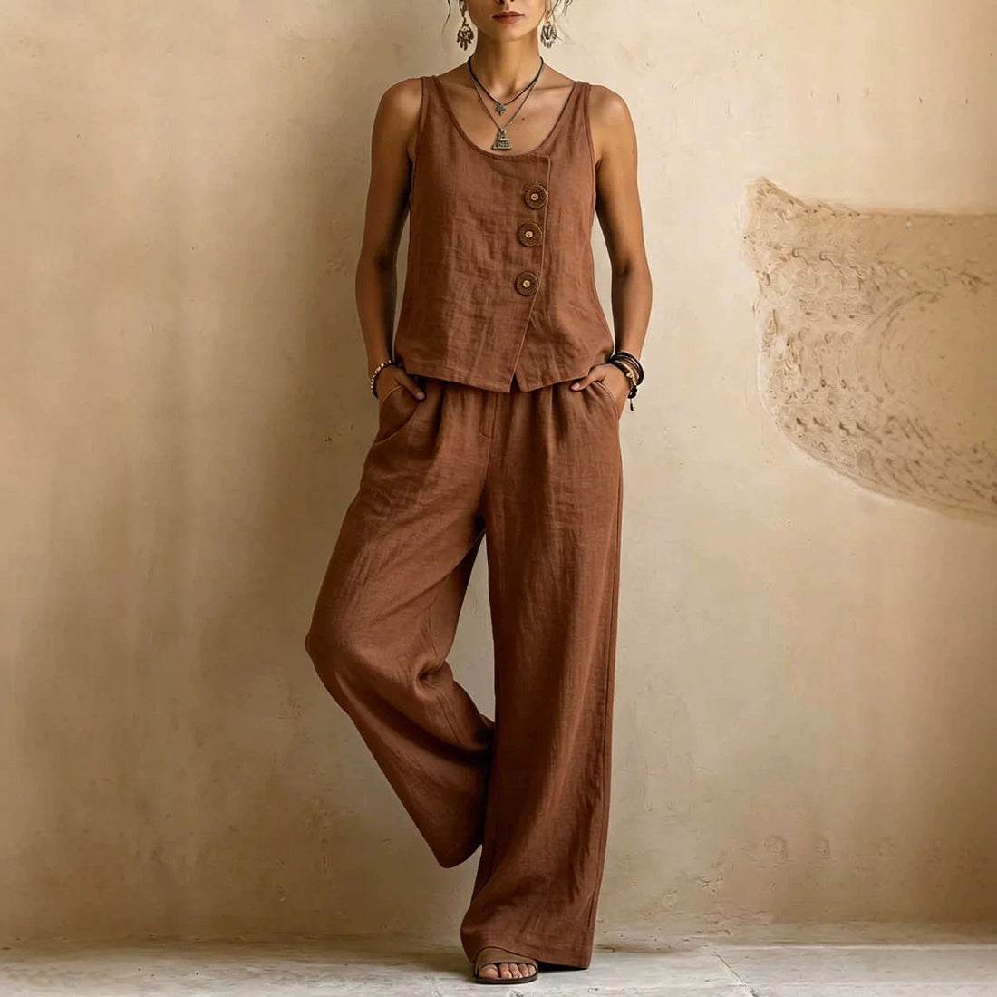 Women's Cotton Linen Sleeveless Tank Top and Wide Leg Pants Set