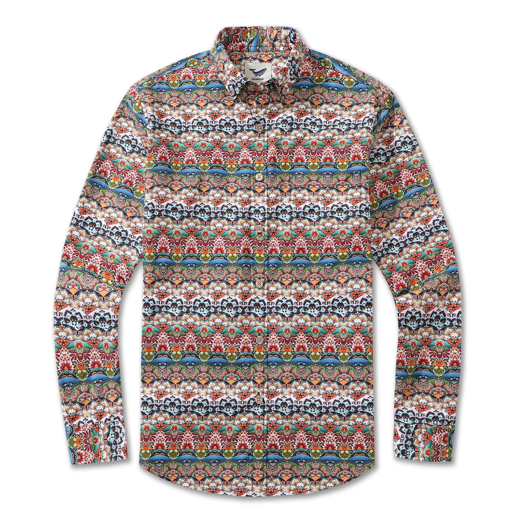 Men's long sleeve cotton Hawaiian shirt with vibrant tropical geometric print in orange, blue, and green