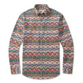 Men's long sleeve cotton Hawaiian shirt with vibrant tropical geometric print in orange, blue, and green