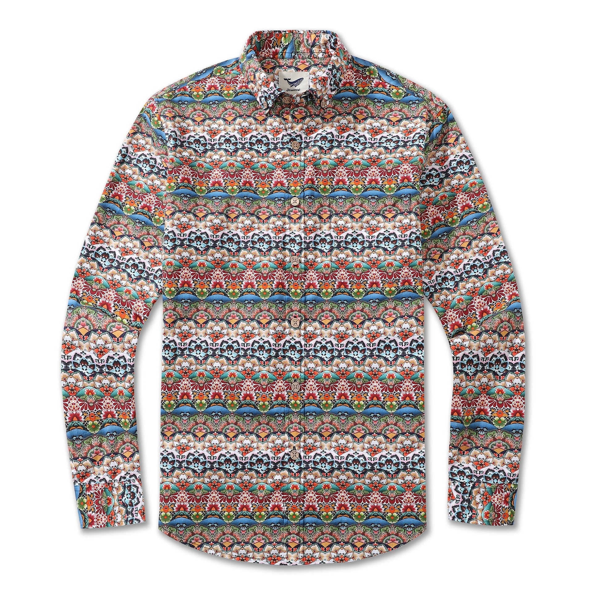 Men's long sleeve cotton Hawaiian shirt with vibrant tropical geometric print in orange, blue, and green