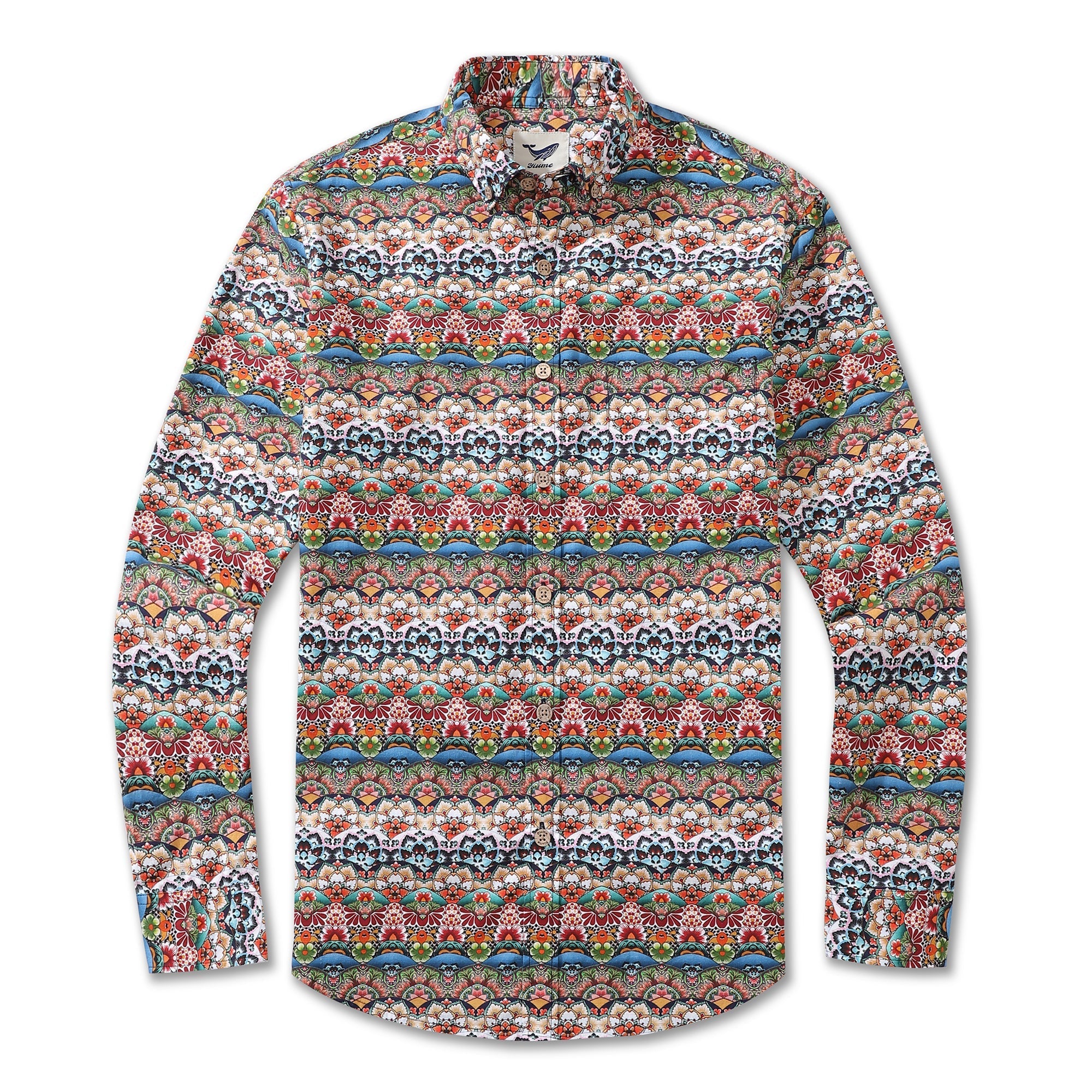 Men's long sleeve cotton Hawaiian shirt with vibrant tropical geometric print in orange, blue, and green