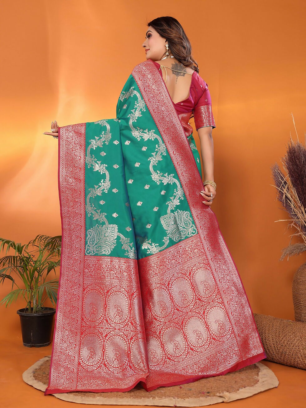 Pine Green Woven Banarasi Soft Silk Saree with Blouse