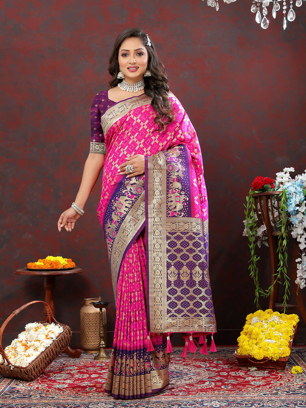 Magenta and Wine color block Patola silk saree with Meenakari weaving