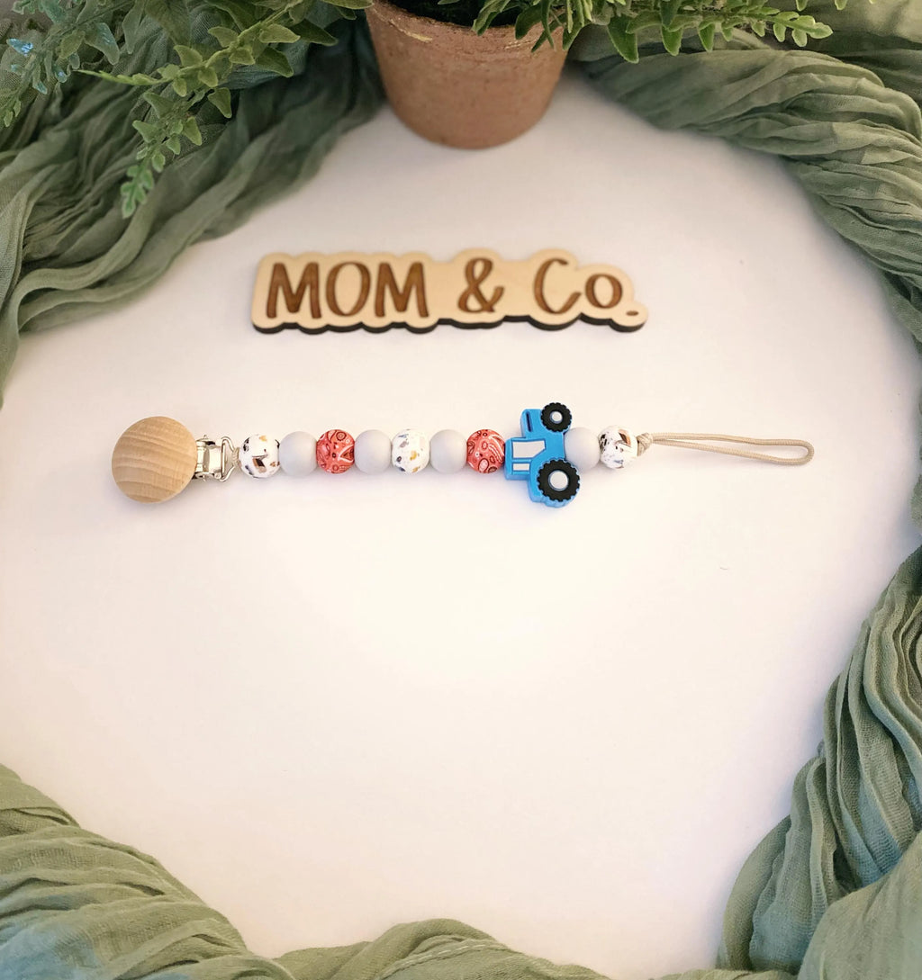Blue Tractor Pacifier Clip