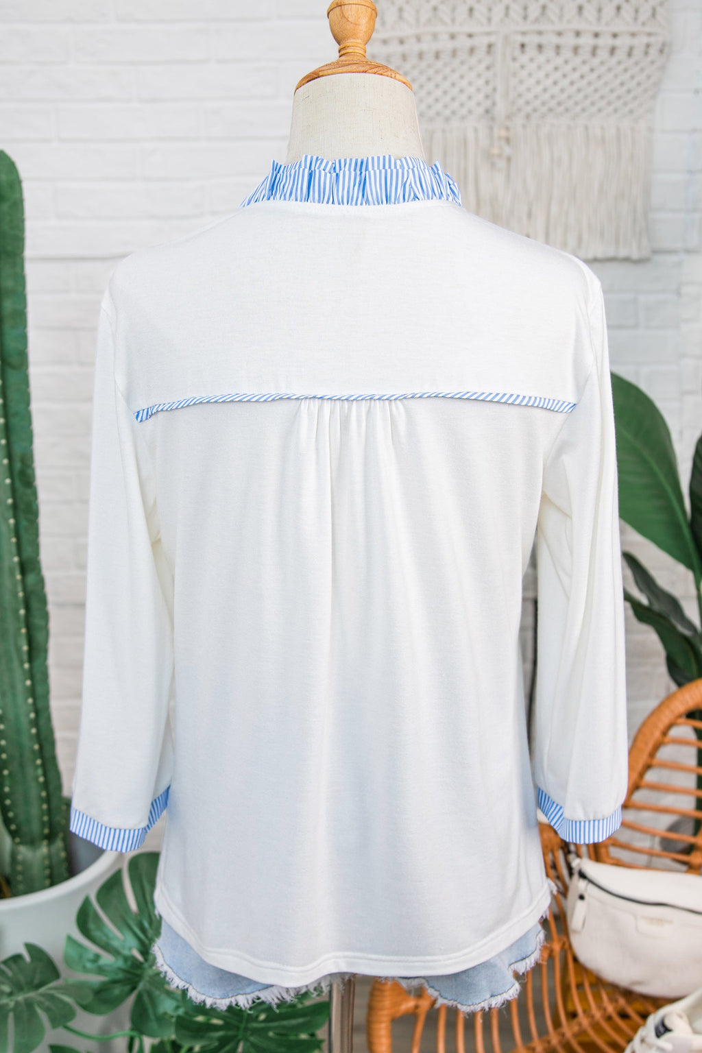 White Striped Patchwork V Neck Blouse with 3/4 Sleeves - Image 4