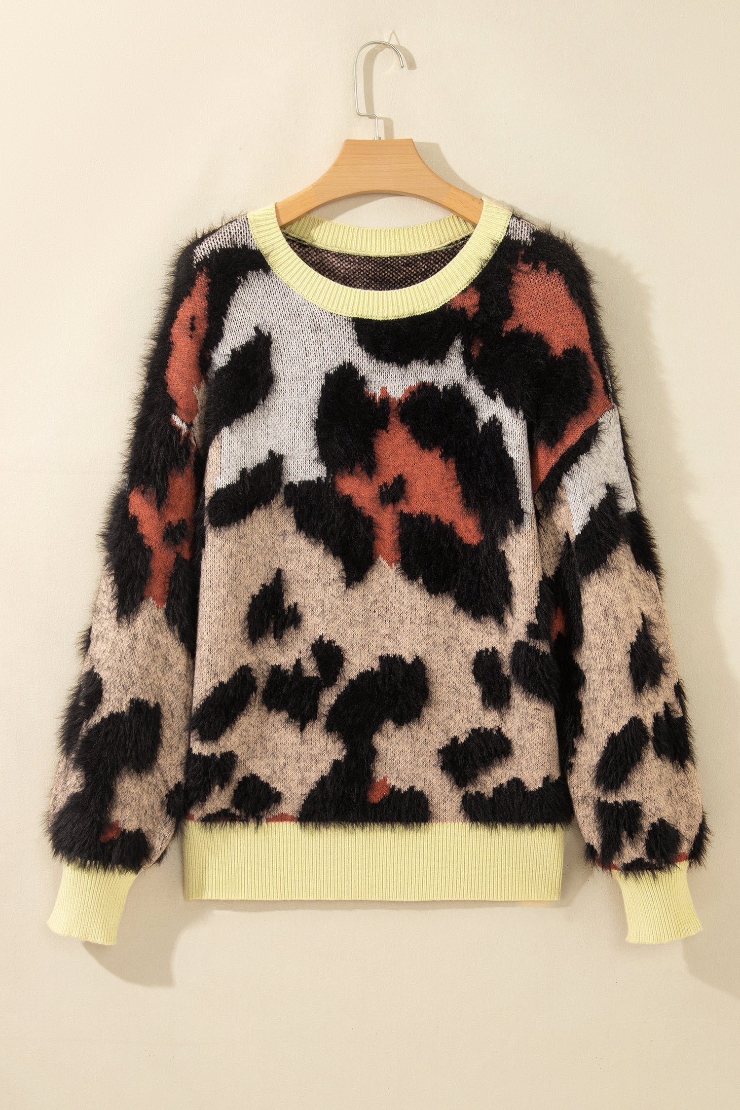 Leopard Colorblock Trim Drop Shoulder Fuzzy Sweater