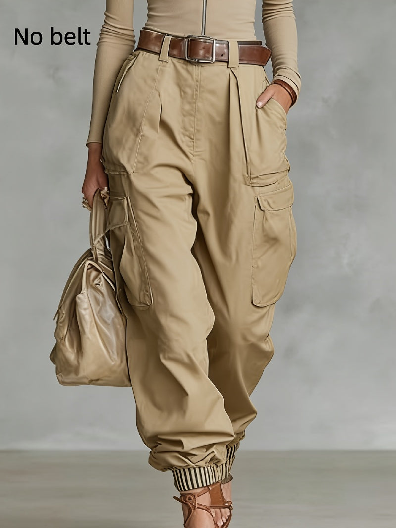 Women's Olive Green High-Waisted Cargo Pants with Yellow Piping - Image 4