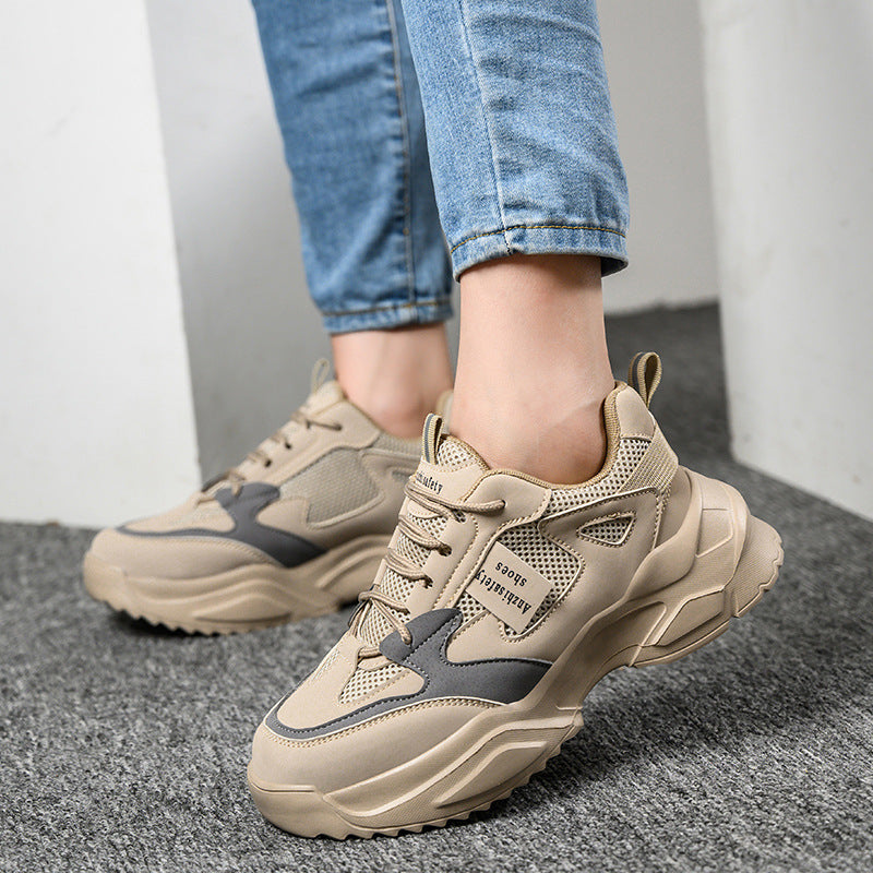Women's lightweight safety sneakers with steel toe protection and breathable mesh upper in beige and black colorways