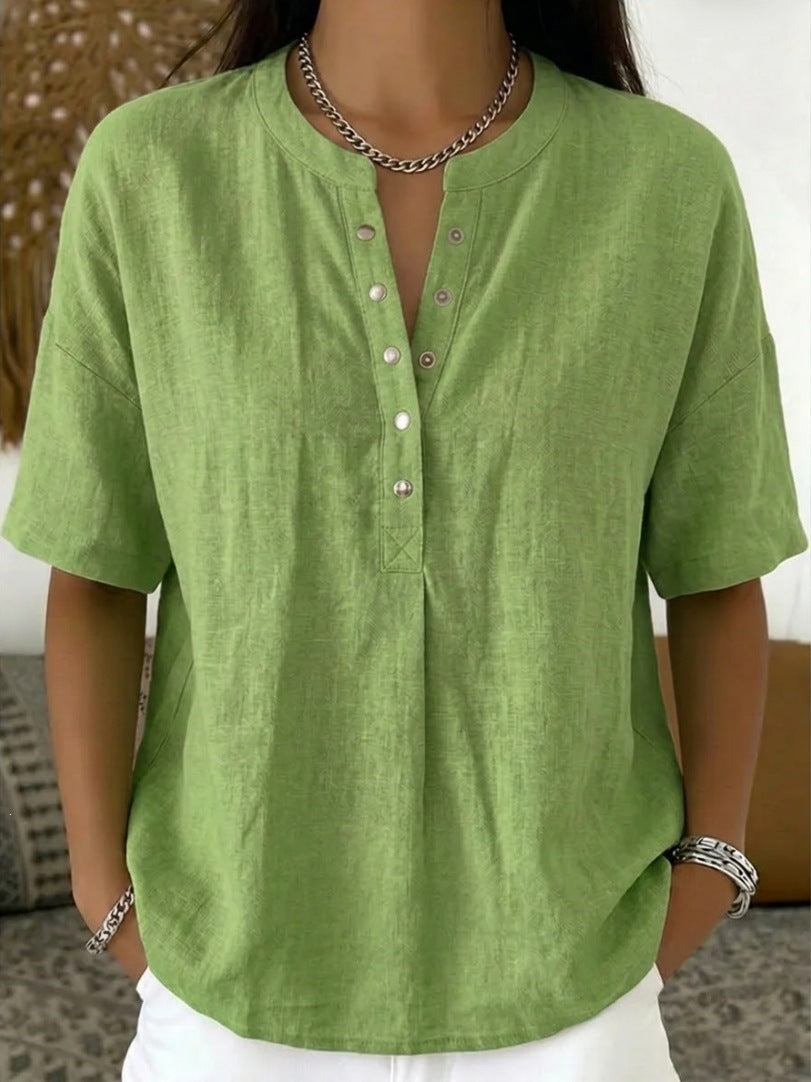 Women's Loose-Fit Short-Sleeve Henley Pullover Top - Image 8