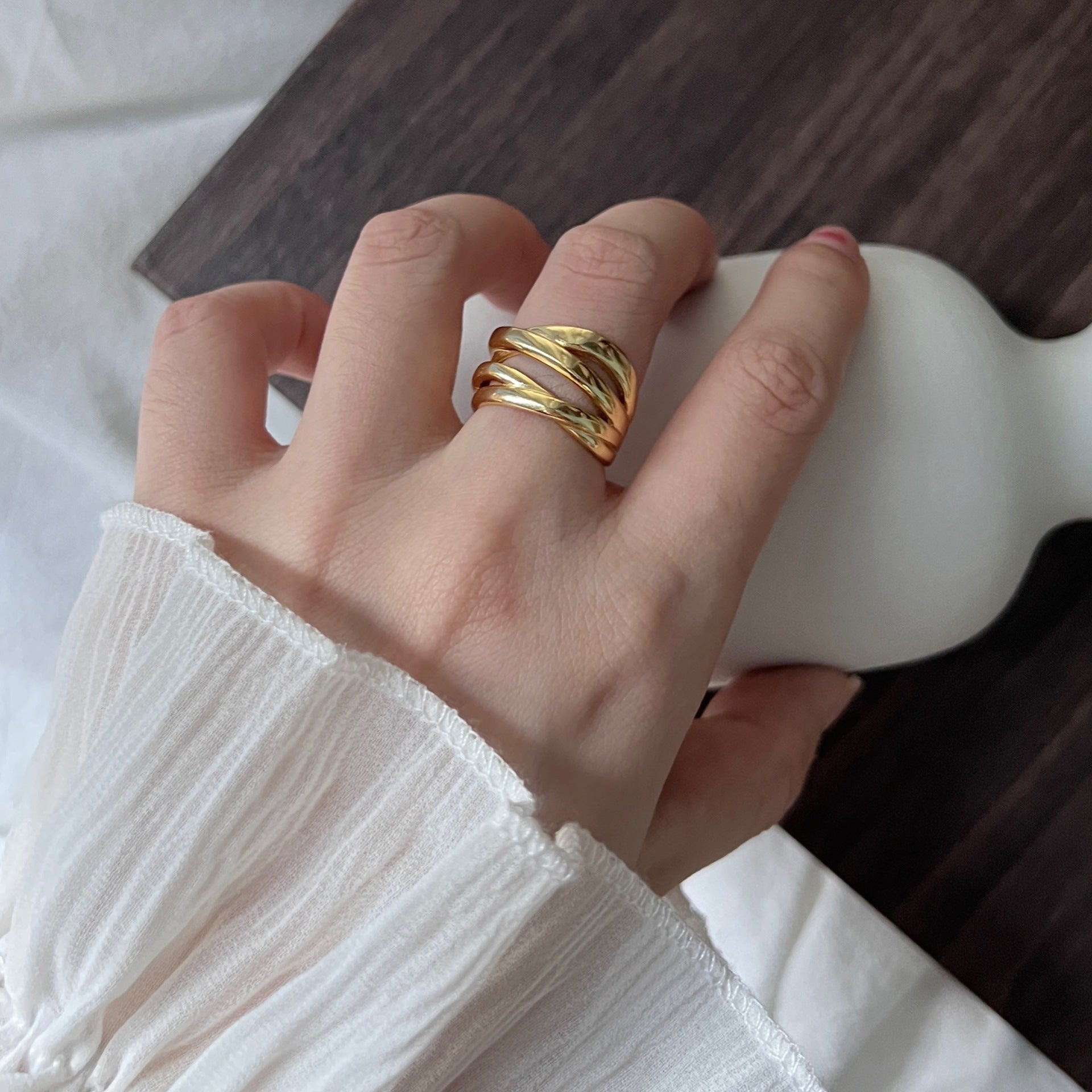 S925 Sterling Silver Heavy Craft Irregular Cross Line Ring, Multi-Layer Niche Silver Jewelry For Women, INS Style Band