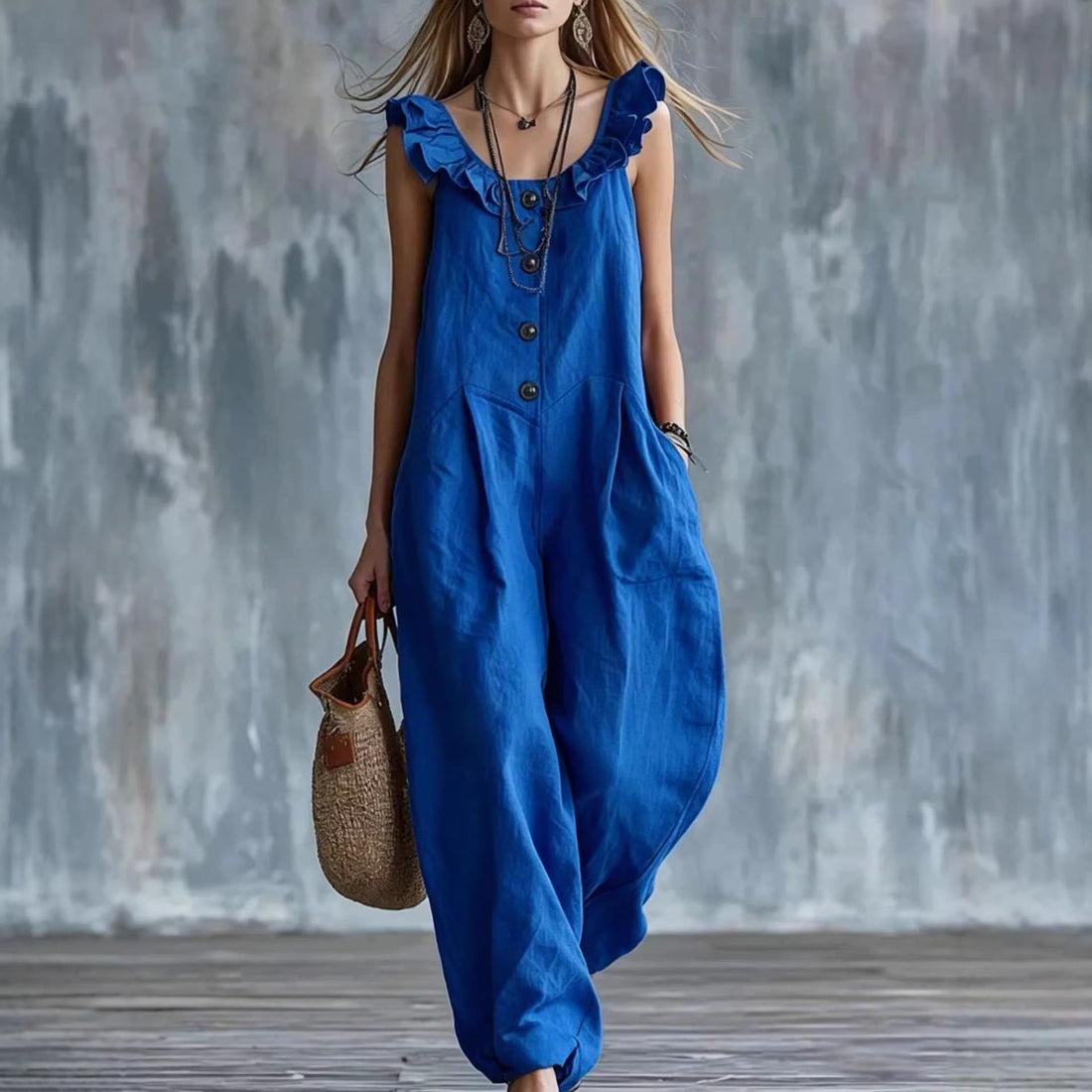 Women's Sleeveless Ruffled Button-Down Wide Leg Tank Jumpsuit - Image 8