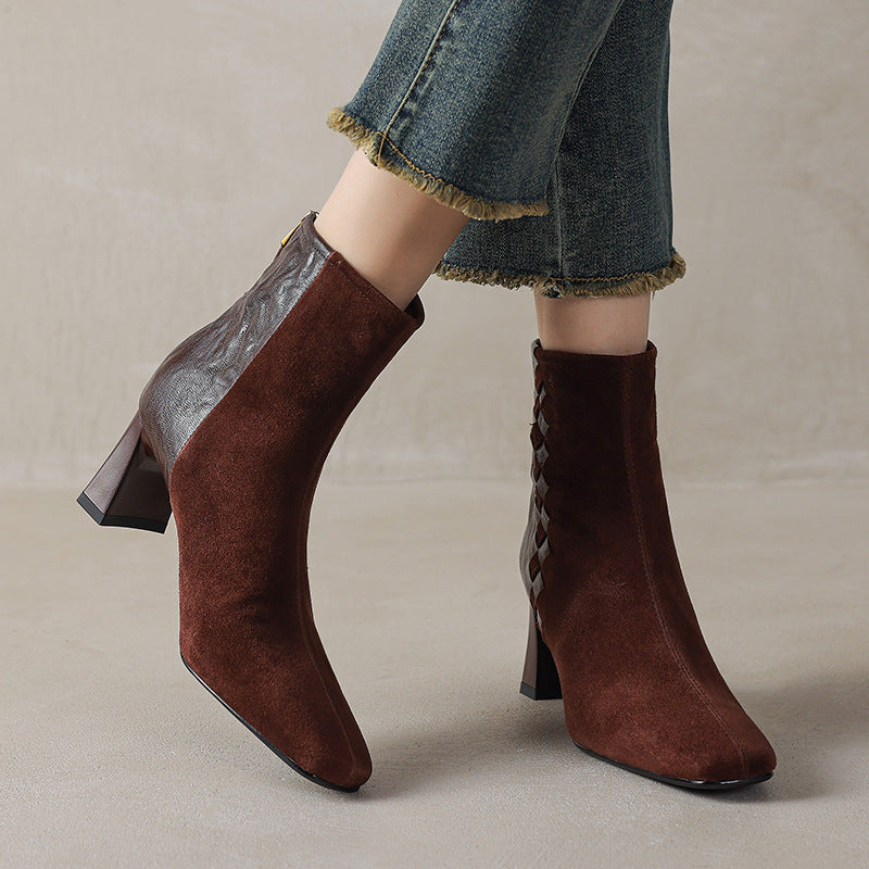 Women wearing brown sheepskin ankle boots with square toe and chunky heel, showing patchwork design