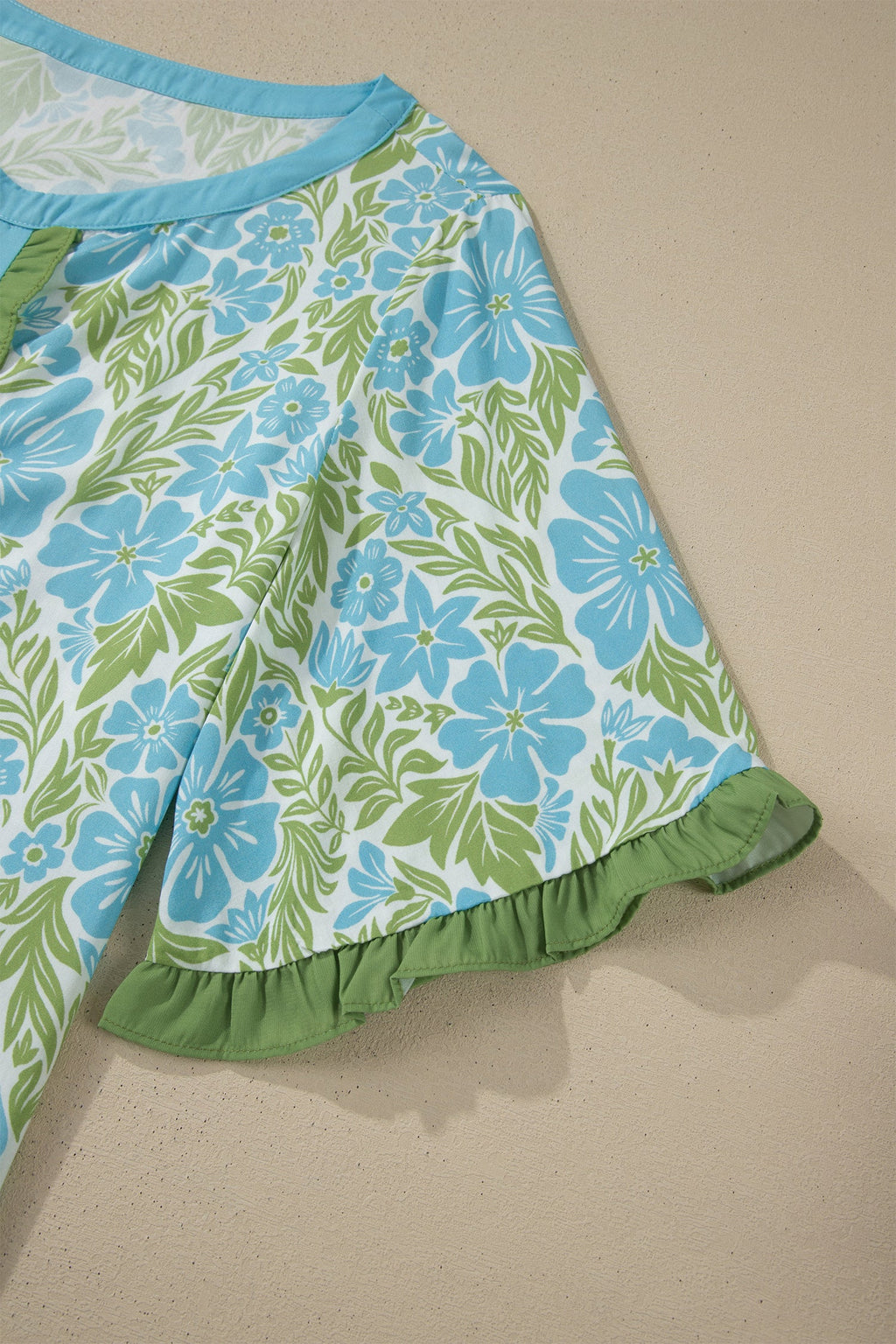 Waverly Floral Half Sleeve Blouse with Trim in Blue & Green