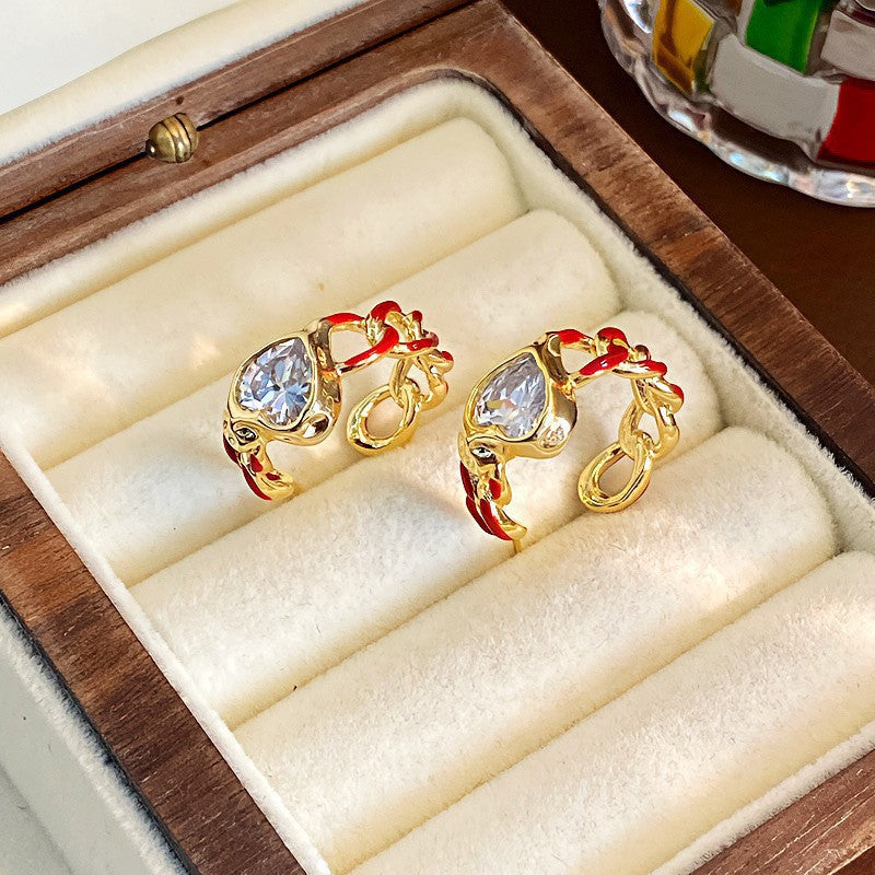 Womens Retro Enamel Heart Rhinestone Twisted C Shaped Hoop Earrings,Costume Earrings For Daily Party Wear