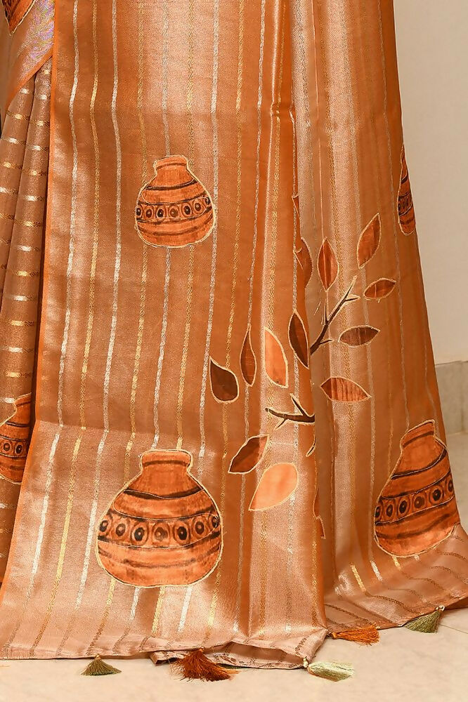 Joban Fashion Orange Saree Tissue Zari Buti Allover Matka Applick With Contrast Blouse