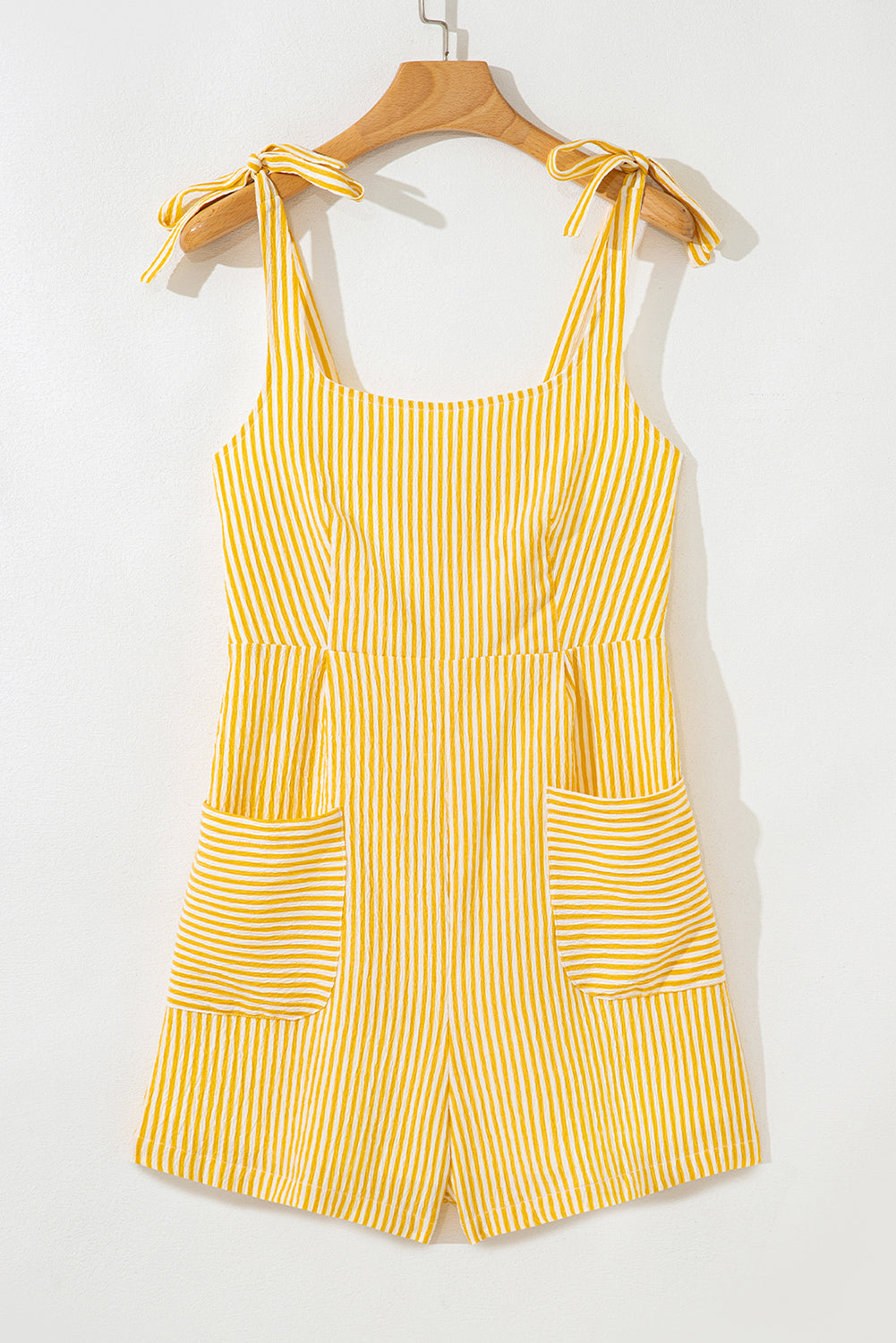 Yellow Stripe Wide Leg Romper with Tie Straps and Smocked Back