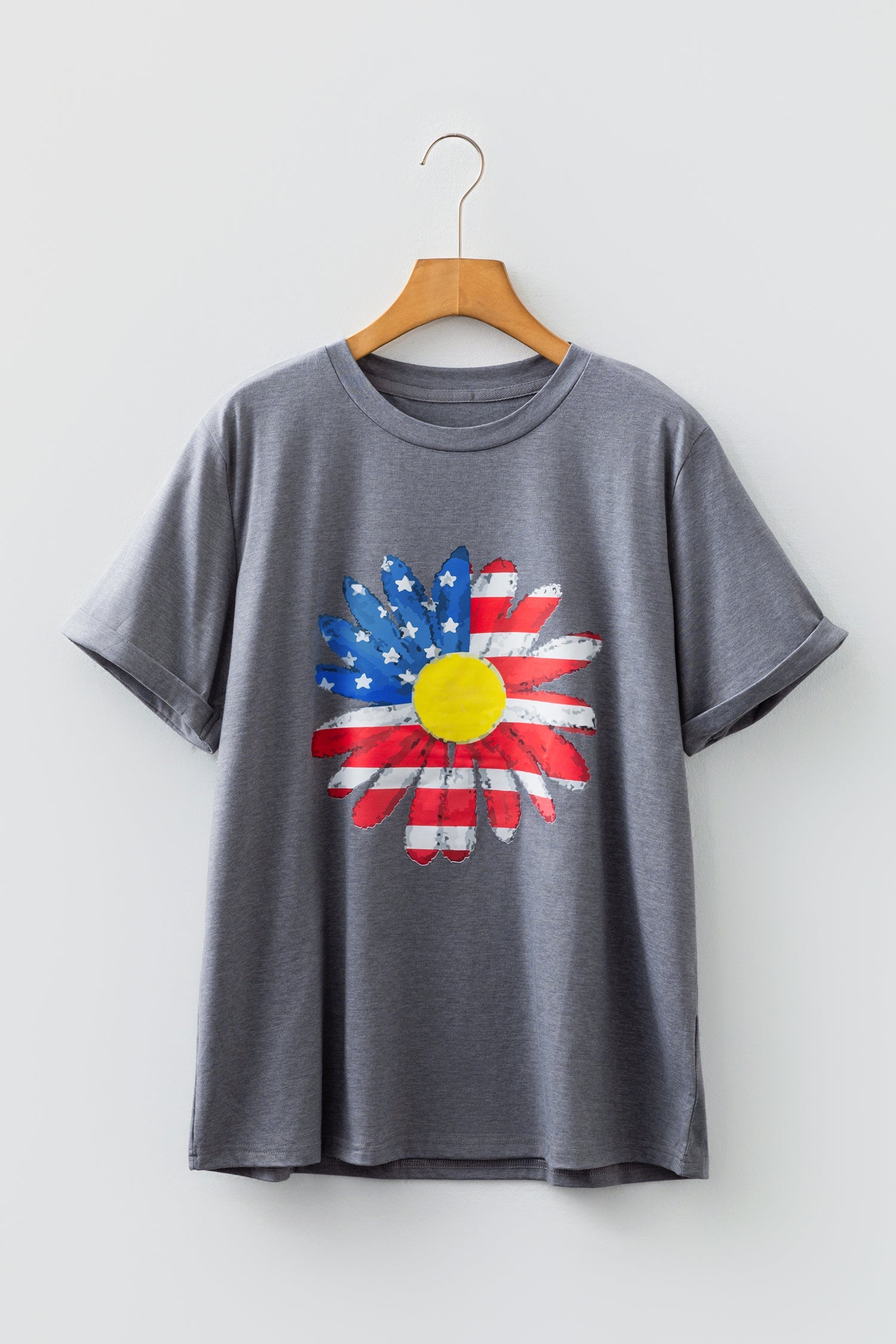 Gray Flag Pattern Sunflower Graphic Crew Neck Casual T-Shirt