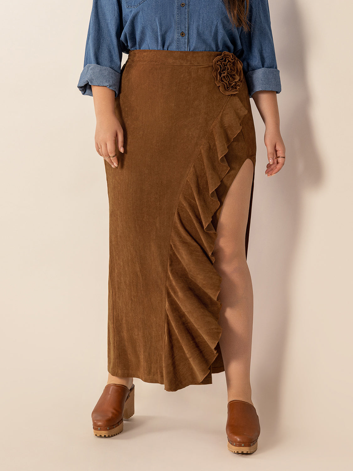 Ruffled Slit High Rise A-Line Skirt in Brown | Floor Length
