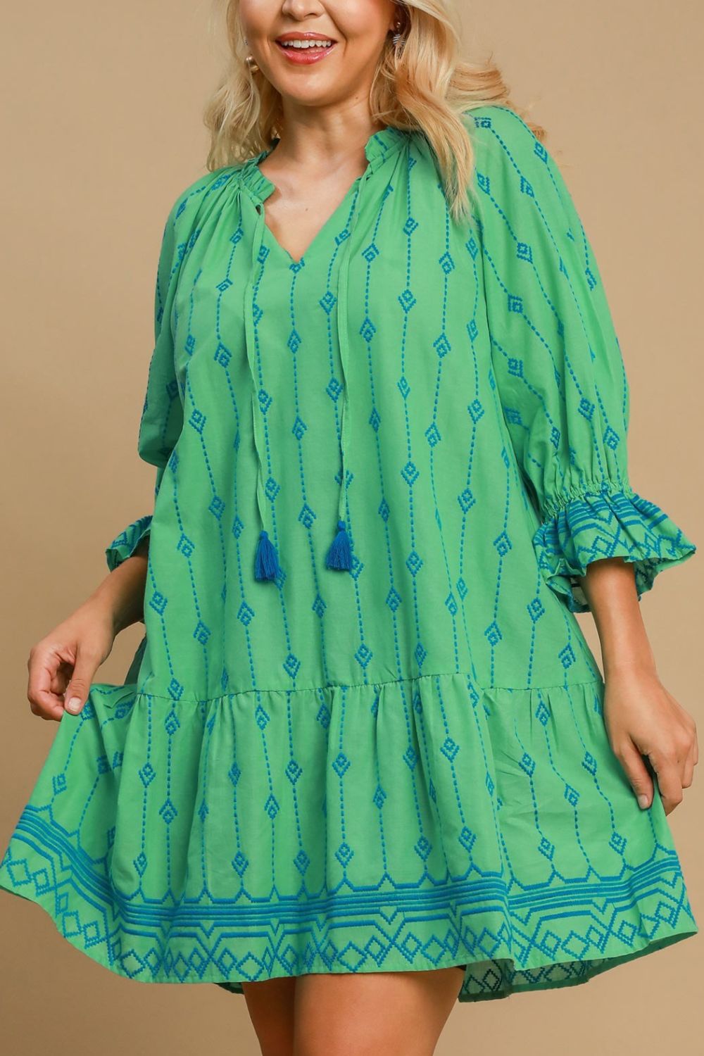 Tassel Embroidered Sleeve Mini Dress in Geometric Pattern