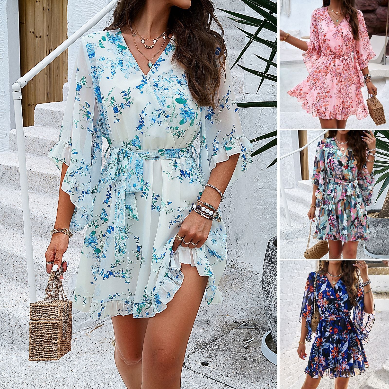 Floral V-Neck Short Sleeve Dress