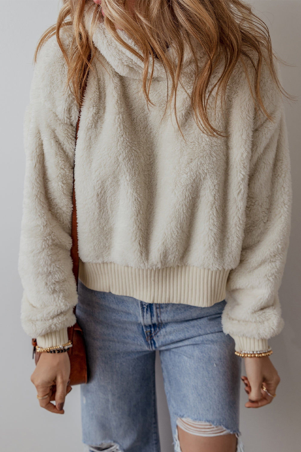 White Plush Hoodie with Contrast Ribbed Hem and Cuffs