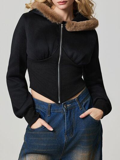 Black Fuzzy Hem Hooded Zip-Up Track Jacket with Long Sleeves