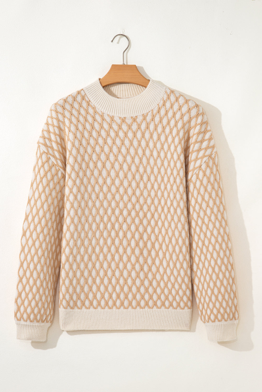 Ximena Rhombus Textured Knit Mock Neck Sweater in Beige Cream
