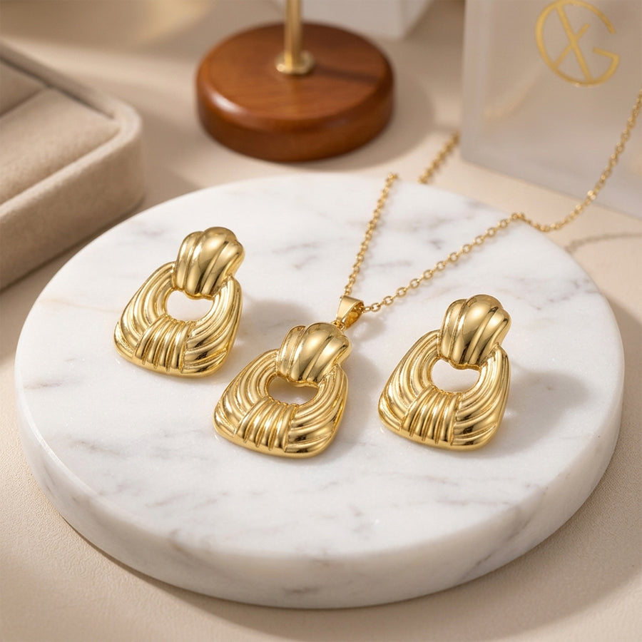 Gold Tone Stainless Steel Ribbed Textured Hollow Square Jewelry Set 2Pcs Women Pendant Necklace Drop Earrings Retro Geometric Statement Metal Jewelry Dropshipping Gift