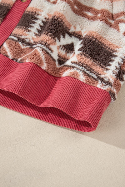 Deep Rose Geometric Print Jacket with Corduroy Trim
