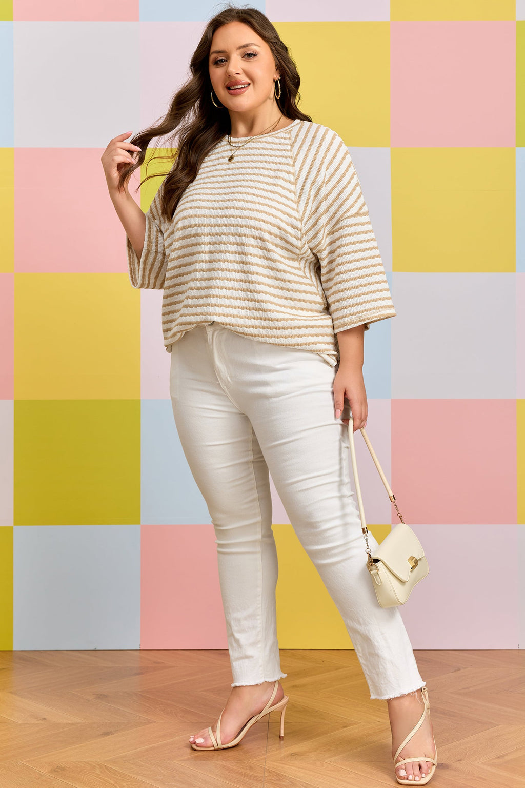 Liv Detail Half Sleeve Striped Knit Top - White & Tan