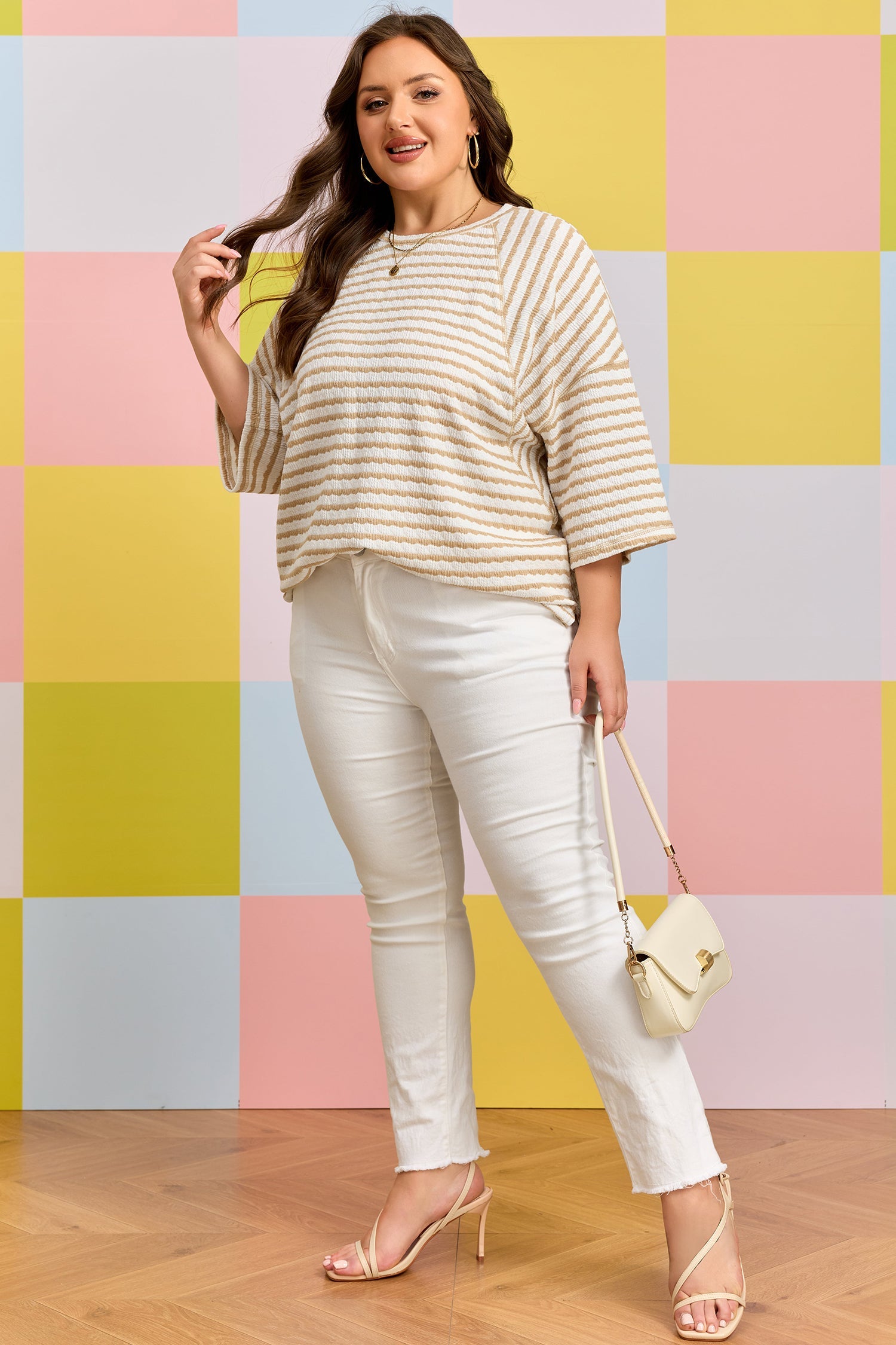 Liv Detail Half Sleeve Striped Knit Top - White & Tan