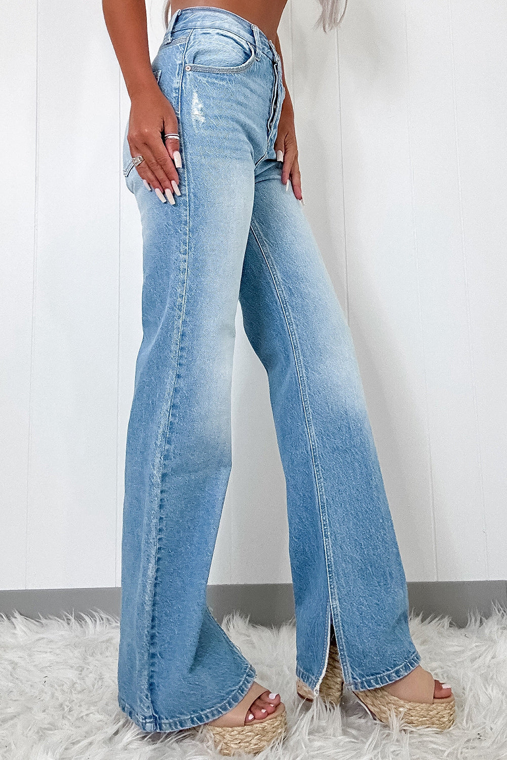 Myosotis High Rise Slit Leg Straight Jeans Light Blue