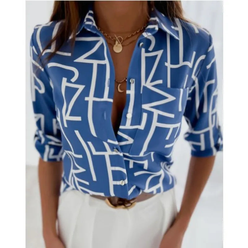Women’s Printed Long-Sleeve Lapel Blouse Casual Button-Down Top