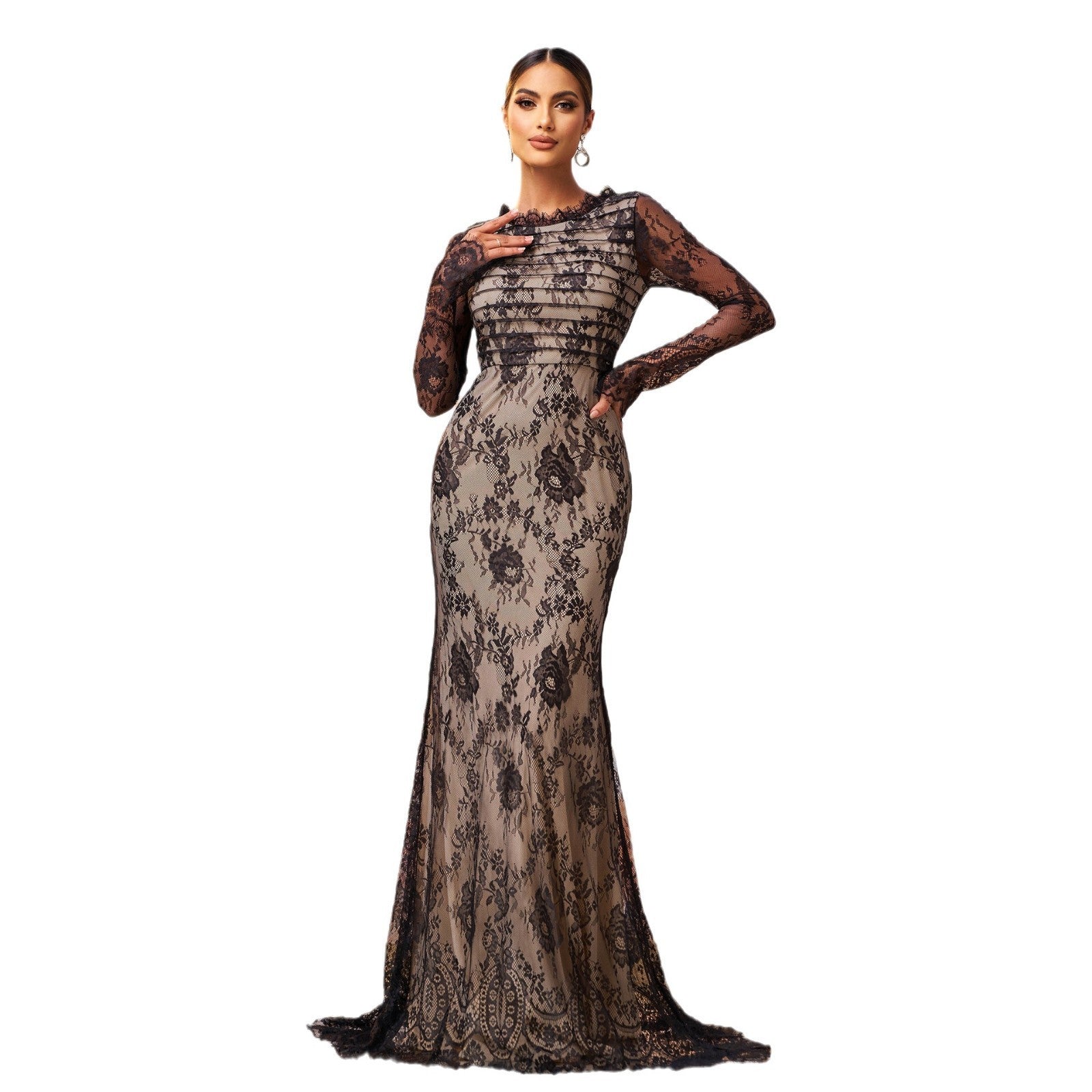 Black Long Sleeve Gauze Fishtail Evening Dress with Sequin Detail