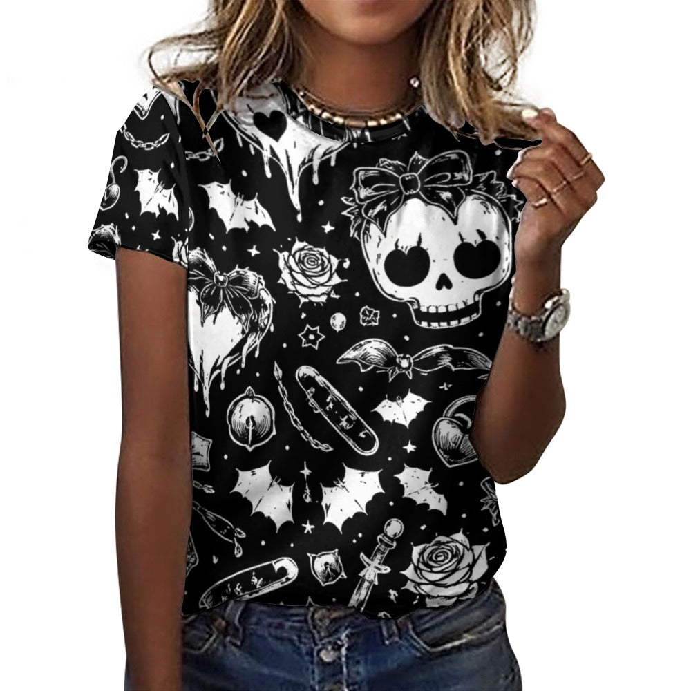 Women's black and white t-shirt with a gothic skull, bat, and rose pattern, featuring a round neck and short sleeves.