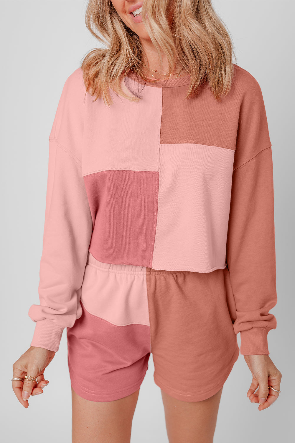 Peach Blossom Colorblock Patchwork Long Sleeve Shorts Set