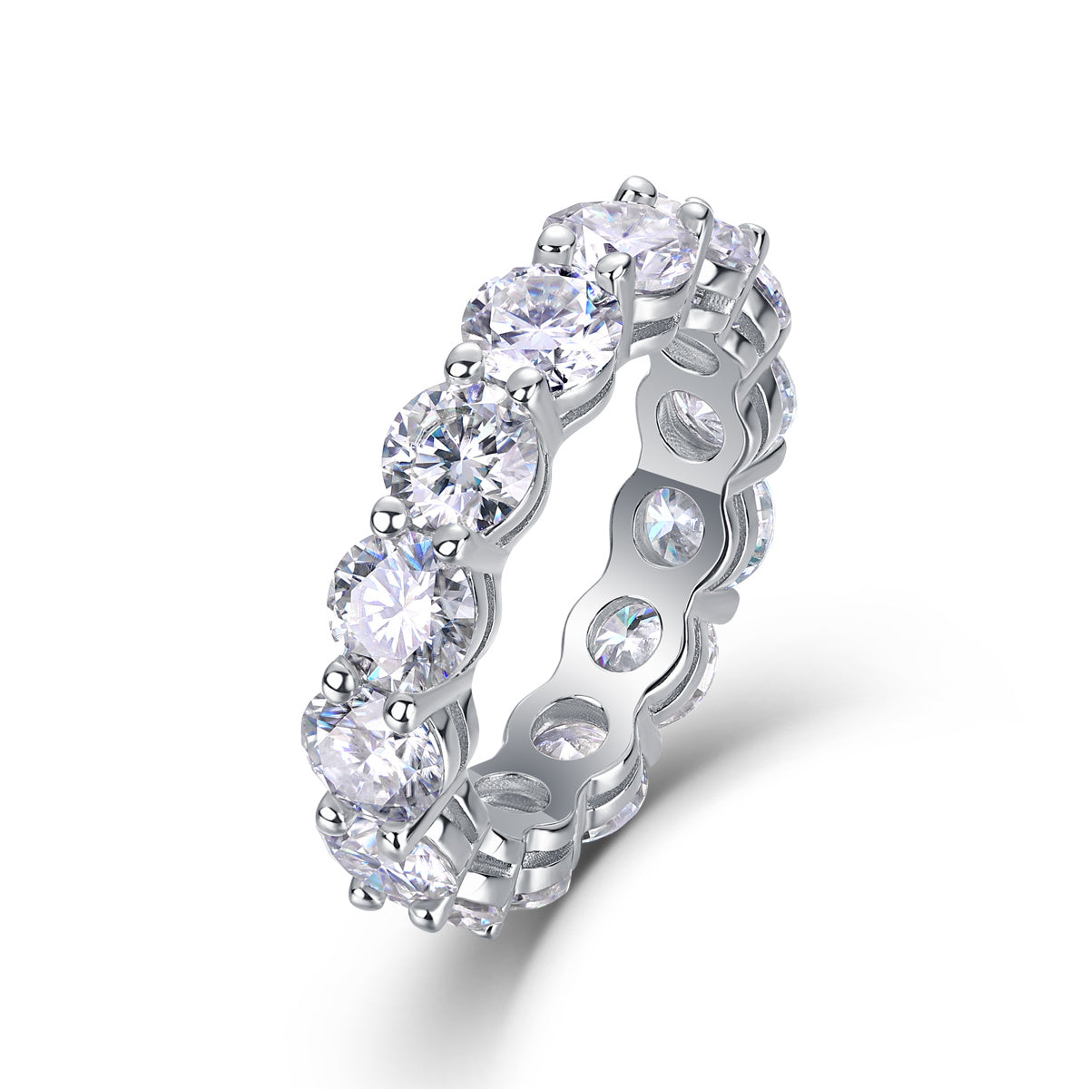 S925 Silver 3.5g Platinum Plated Moissanite Eternity Ring, 5.0mm 13pcs D VVS1 Band, GRA Certified US 5-9