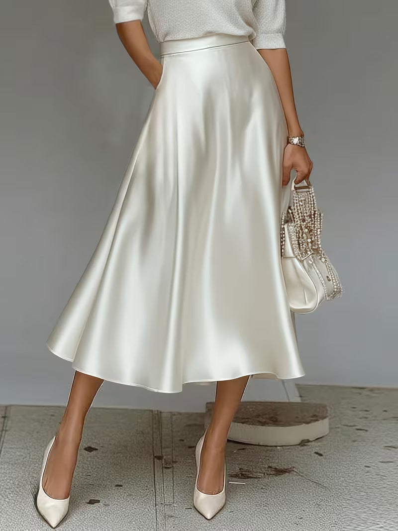 Women's Satin Mid-Length A-Line Skirt – High Rise Pull-On Style