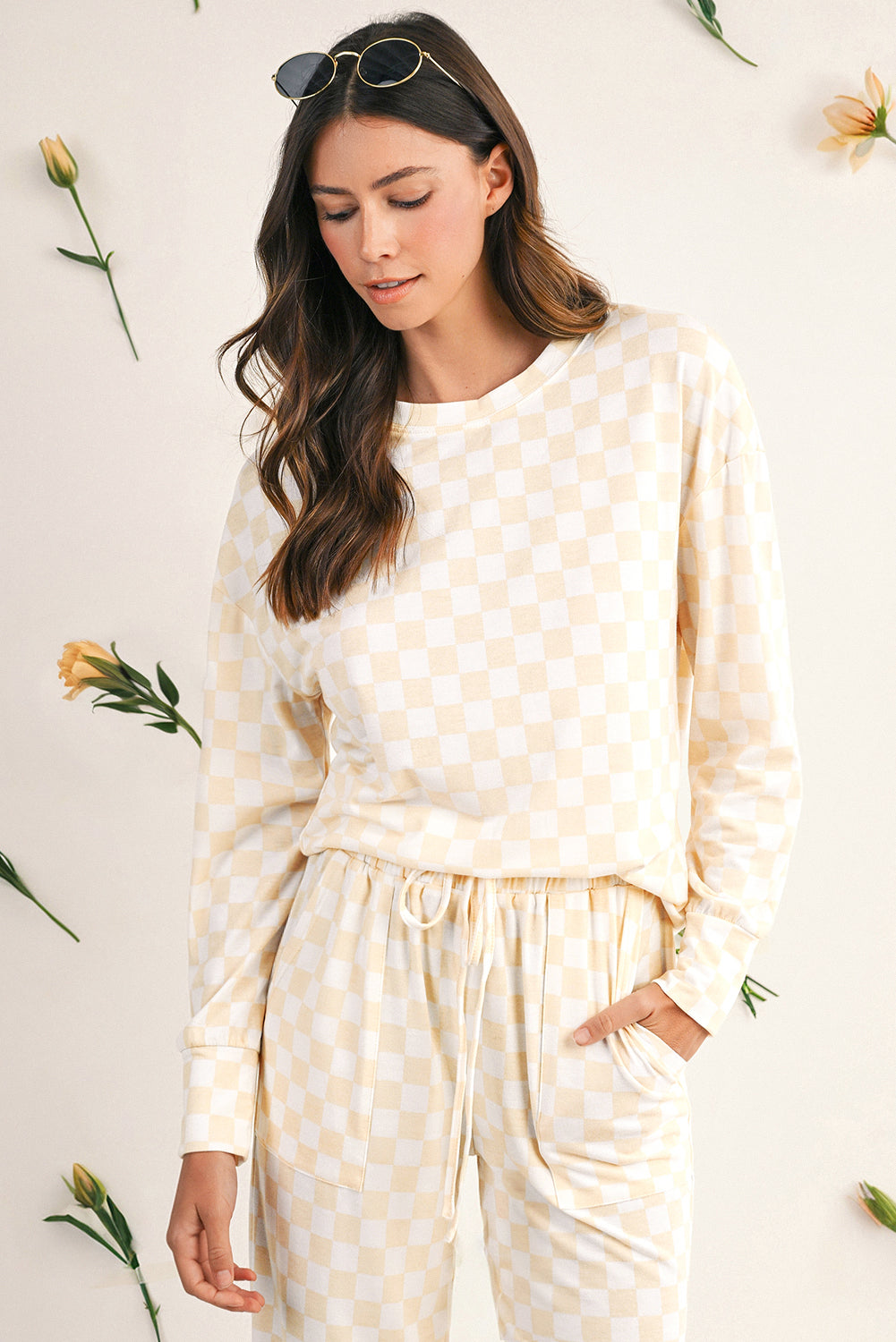 Beige Checkered Print Long Sleeve Loose Fit Pajama Set
