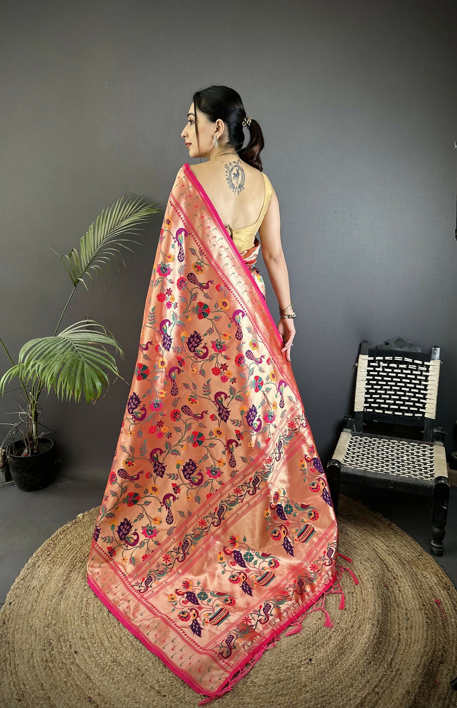 Reddish Pink Peacock & Floral Soft Silk Paithani Saree