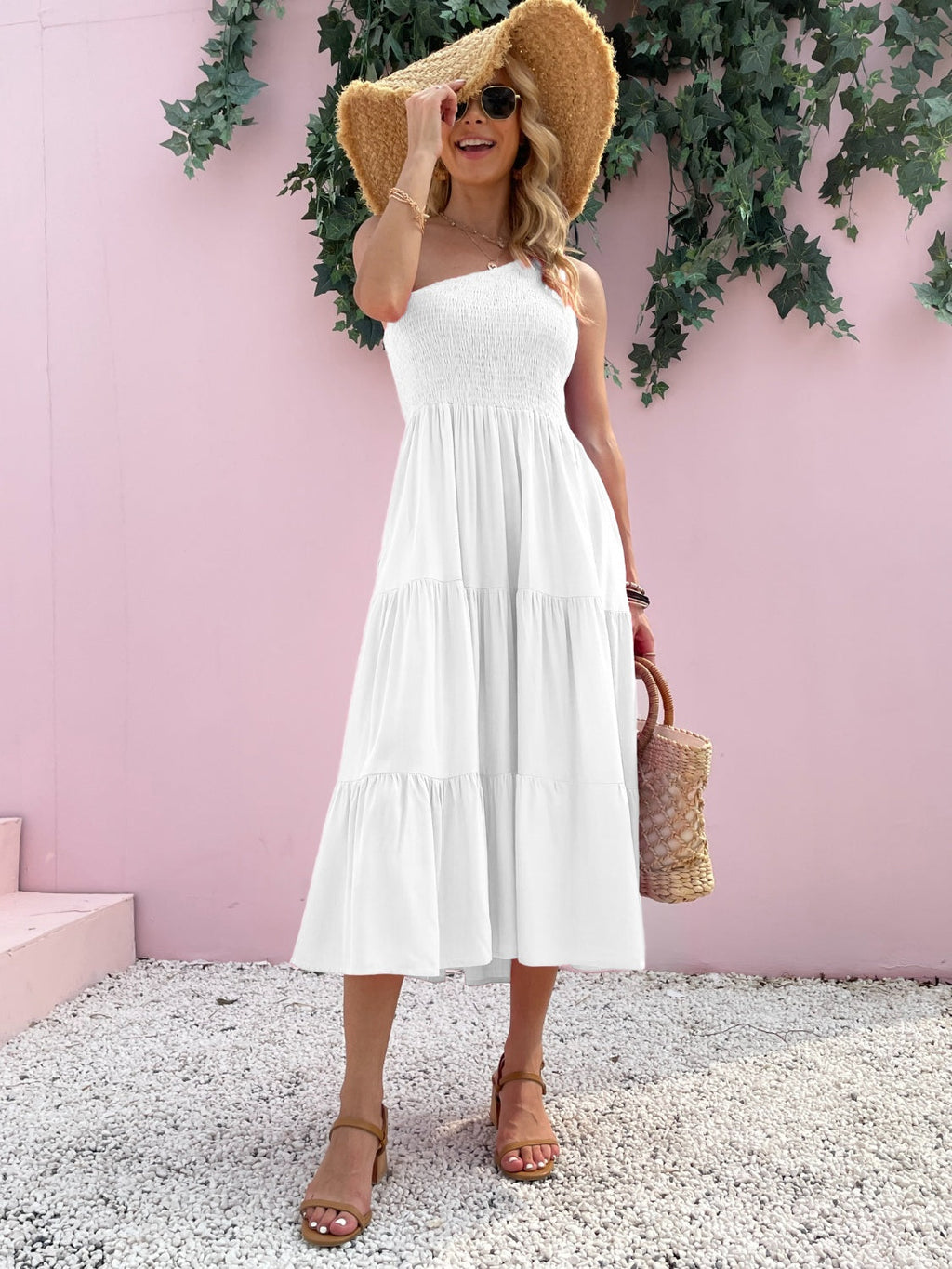 Smocked One-Shoulder Mini Dress: Sleeveless Summer Beach Dress