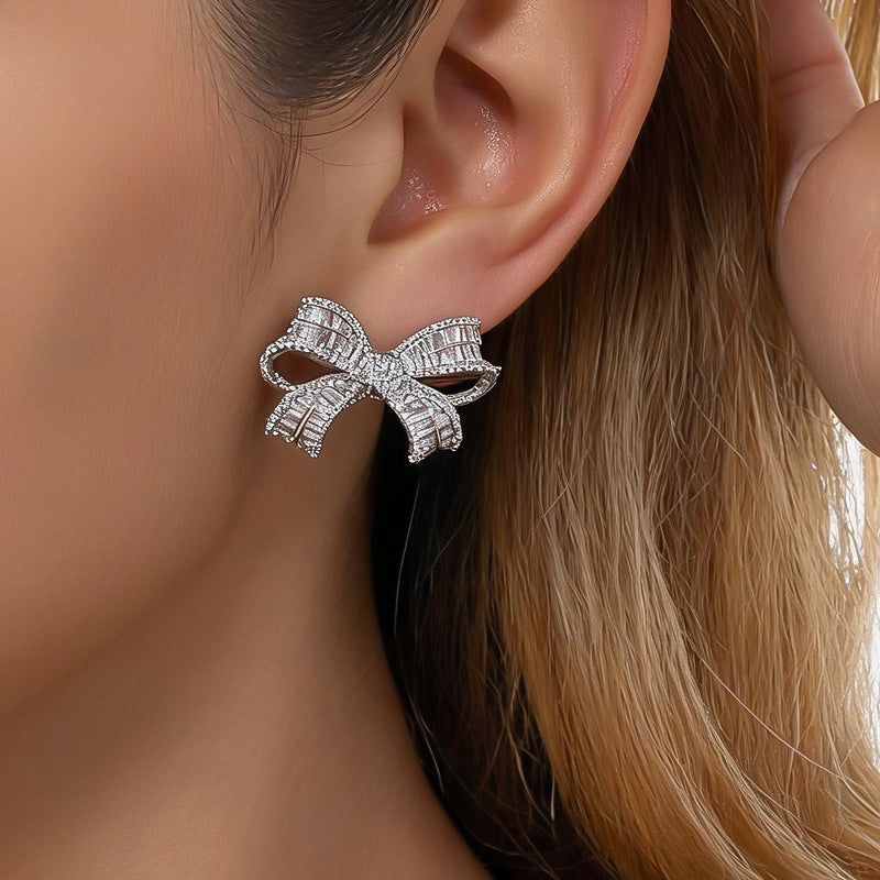 Women Minimalist Cubic Zirconia Bow Stud Earrings,Niche Delicate Versatile High Grade Fashion Dangle Earrings For Daily Occasion Jewelry
