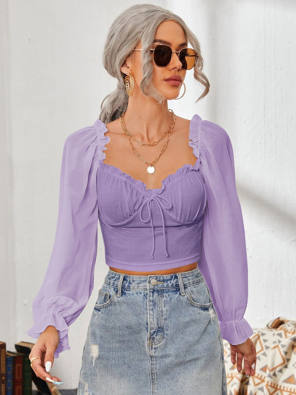 Mesh Sweetheart Neck Flounce Sleeve Top with Ruffled Detail - Image 26