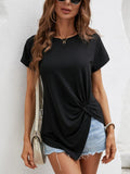 Lady Ros round neck t-shirt with modern asymmetrical hemline in an opaque finish