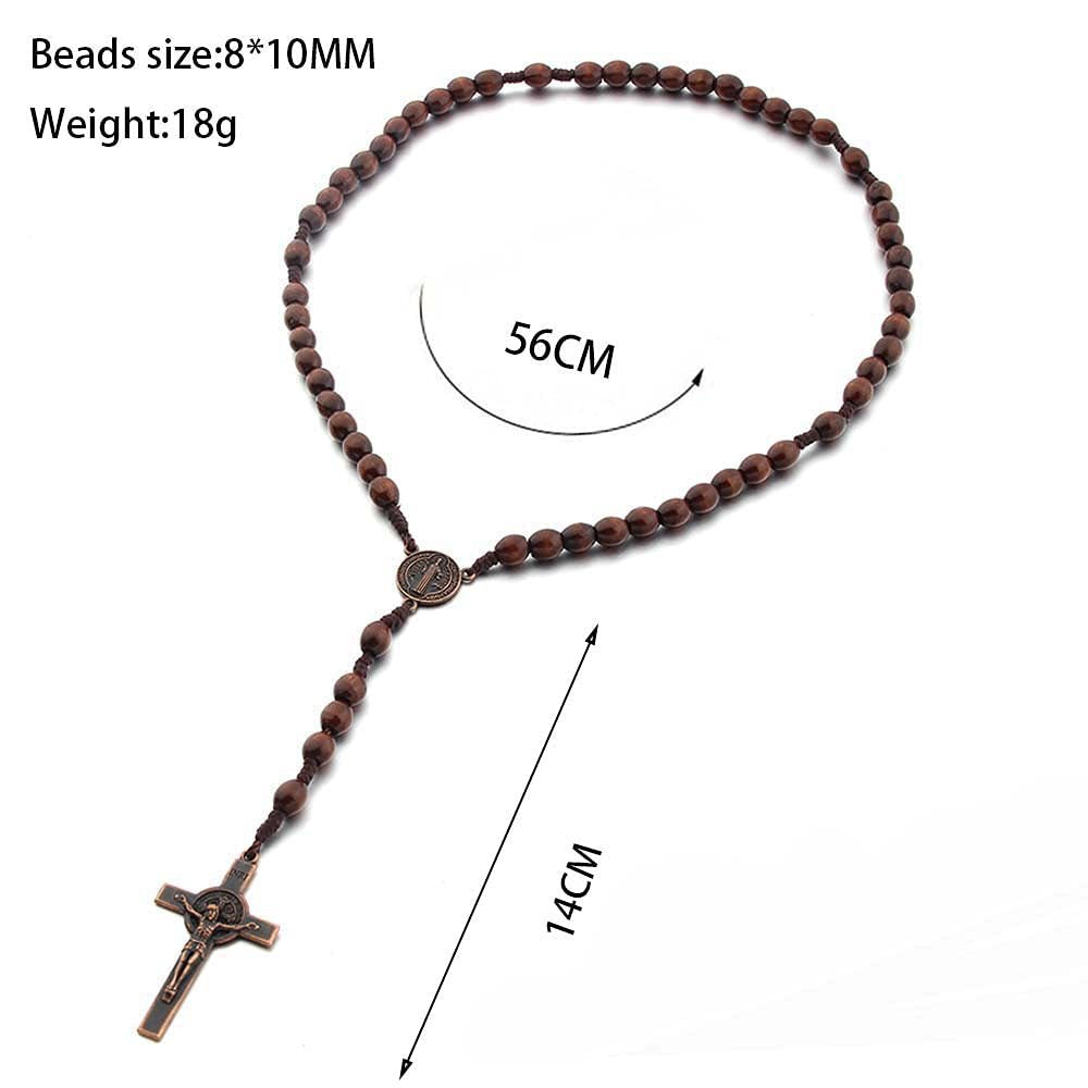 Rosary Necklace With Cross Wooden Beads Braided Cord Jewelry