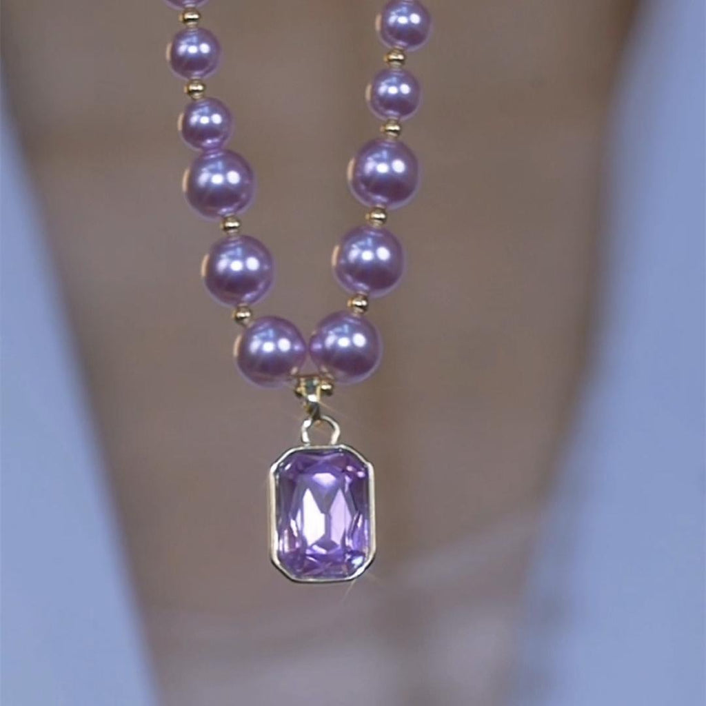 Light-luxury Purple Beaded Square Pendant Sweater Chain