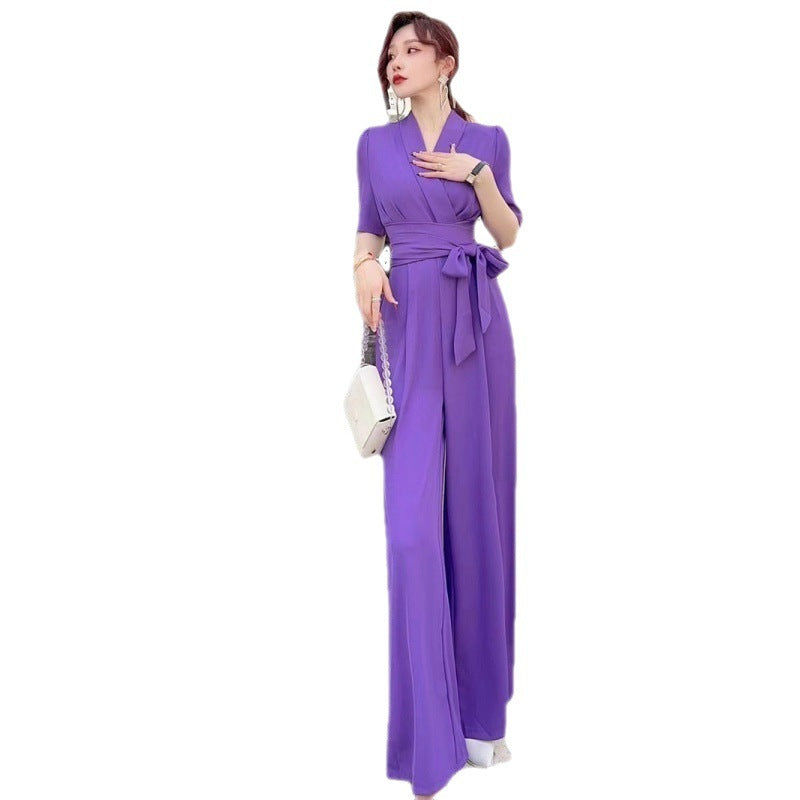 Elegant Wide Leg Jumpsuit - High Waist Slimming Tie-Front V-Neck