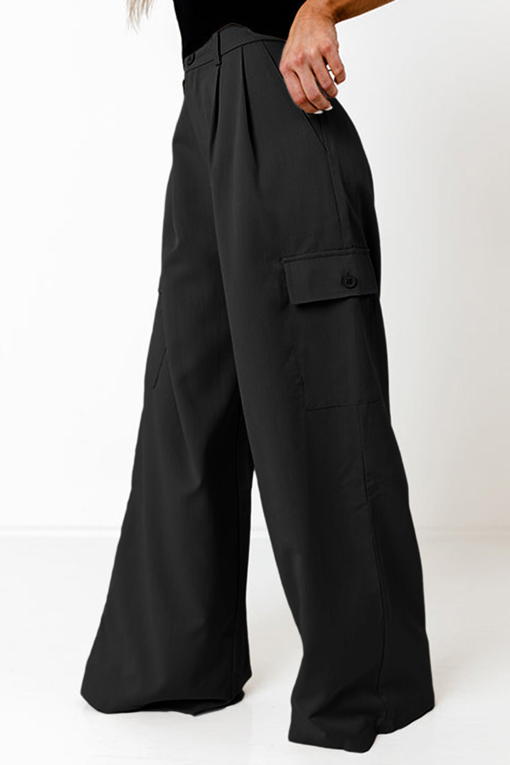 Ruched Wide Leg Pants with Pockets - Olive Green