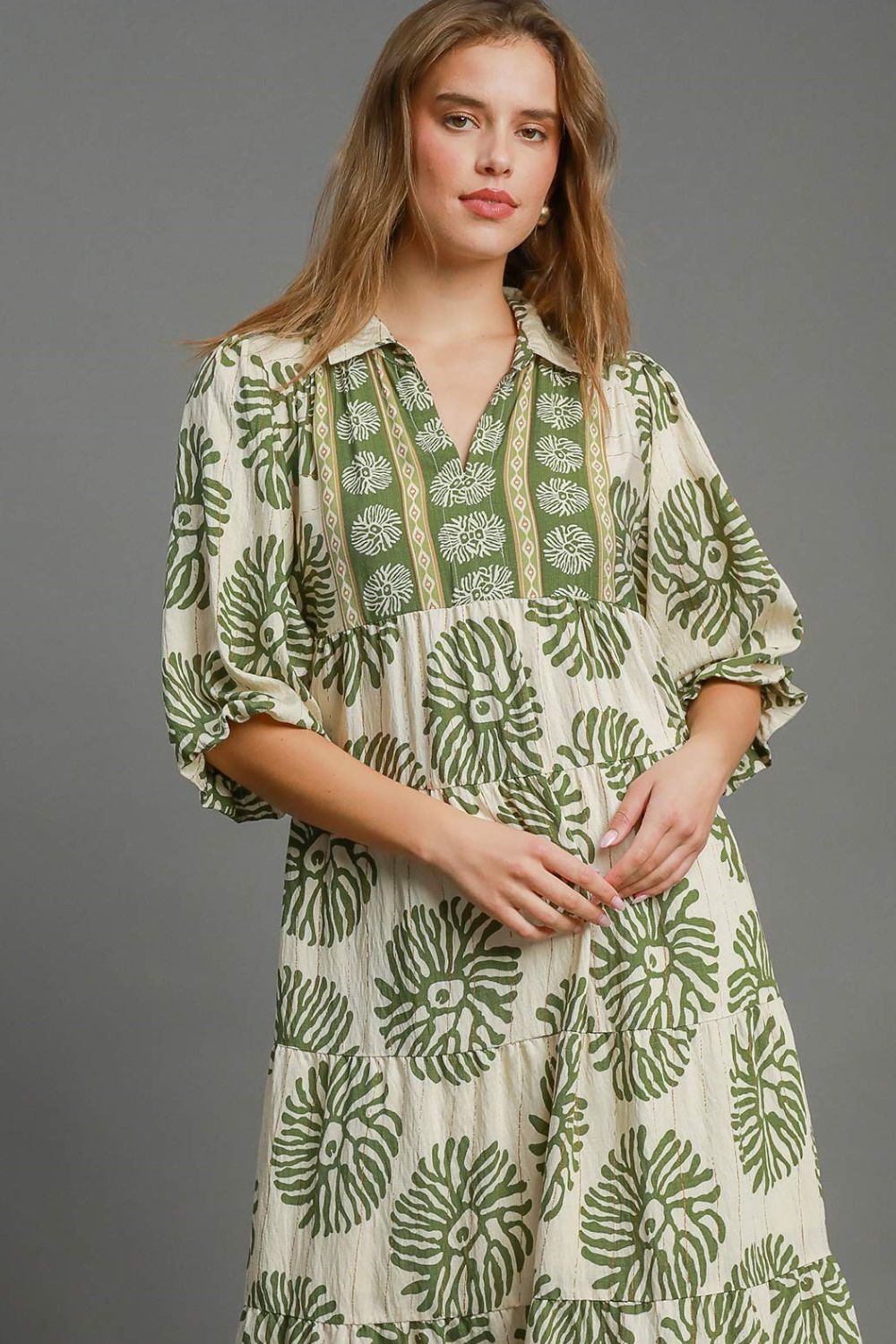 Boho Chic Matcha Green Floral Midi Dress in Cotton